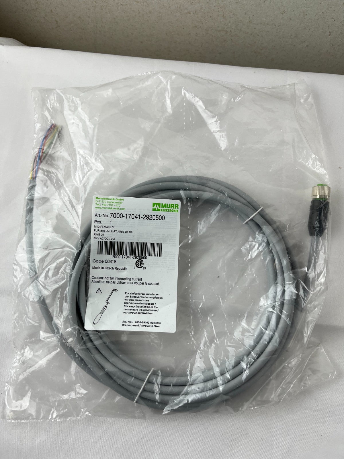 Murr Elektronik 7000-17041-2920500 M12 Female Connector Cable 8-Pin 5m PUR AWG24