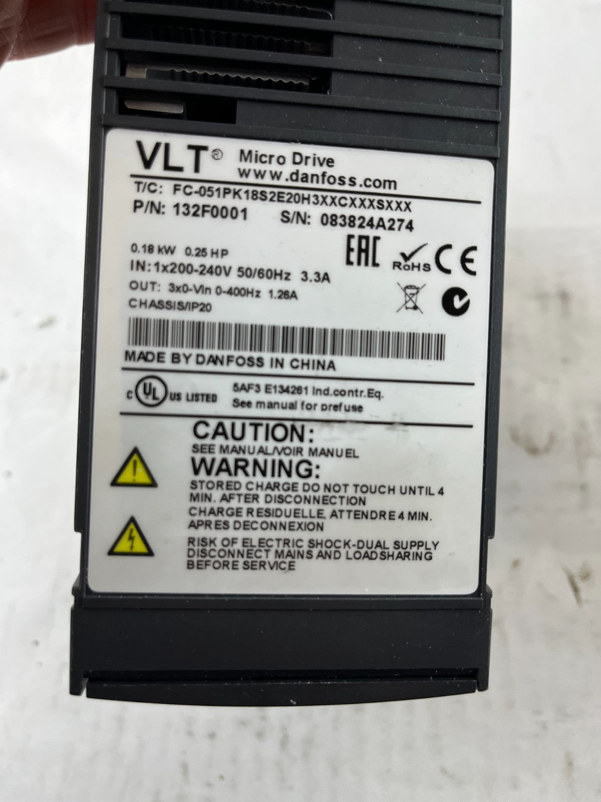 Danfoss VLT Micro Drive FC-051PK18S2E20H3 VFD 0.18kW 200-240V Used Spare Unit