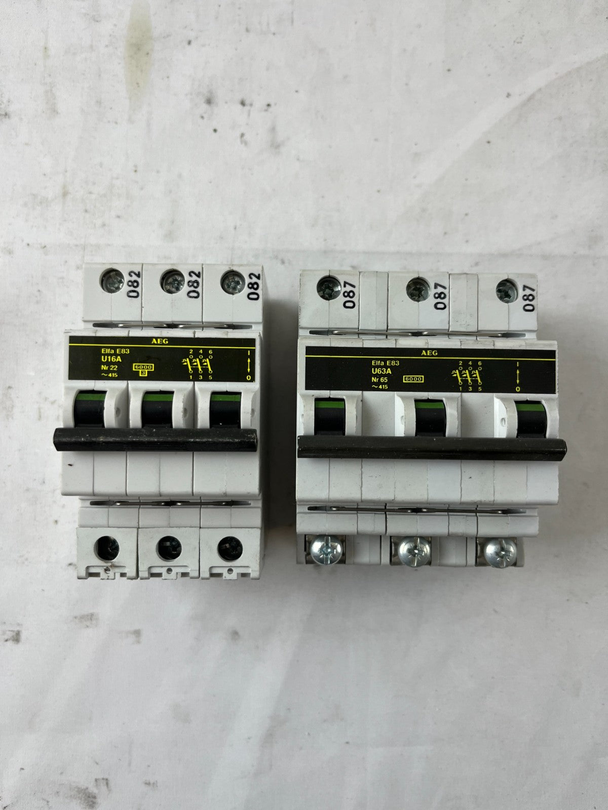 AEG Elfa E83 3P Circuit Breaker Lot U16A U63A 415V 2pcs Used Spare Units