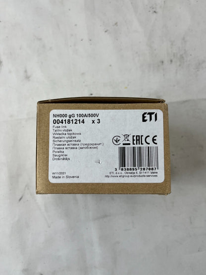 ETI NH000 Fuse Link 100A 500V gG NH Fuse 004181214 3pcs New in Box