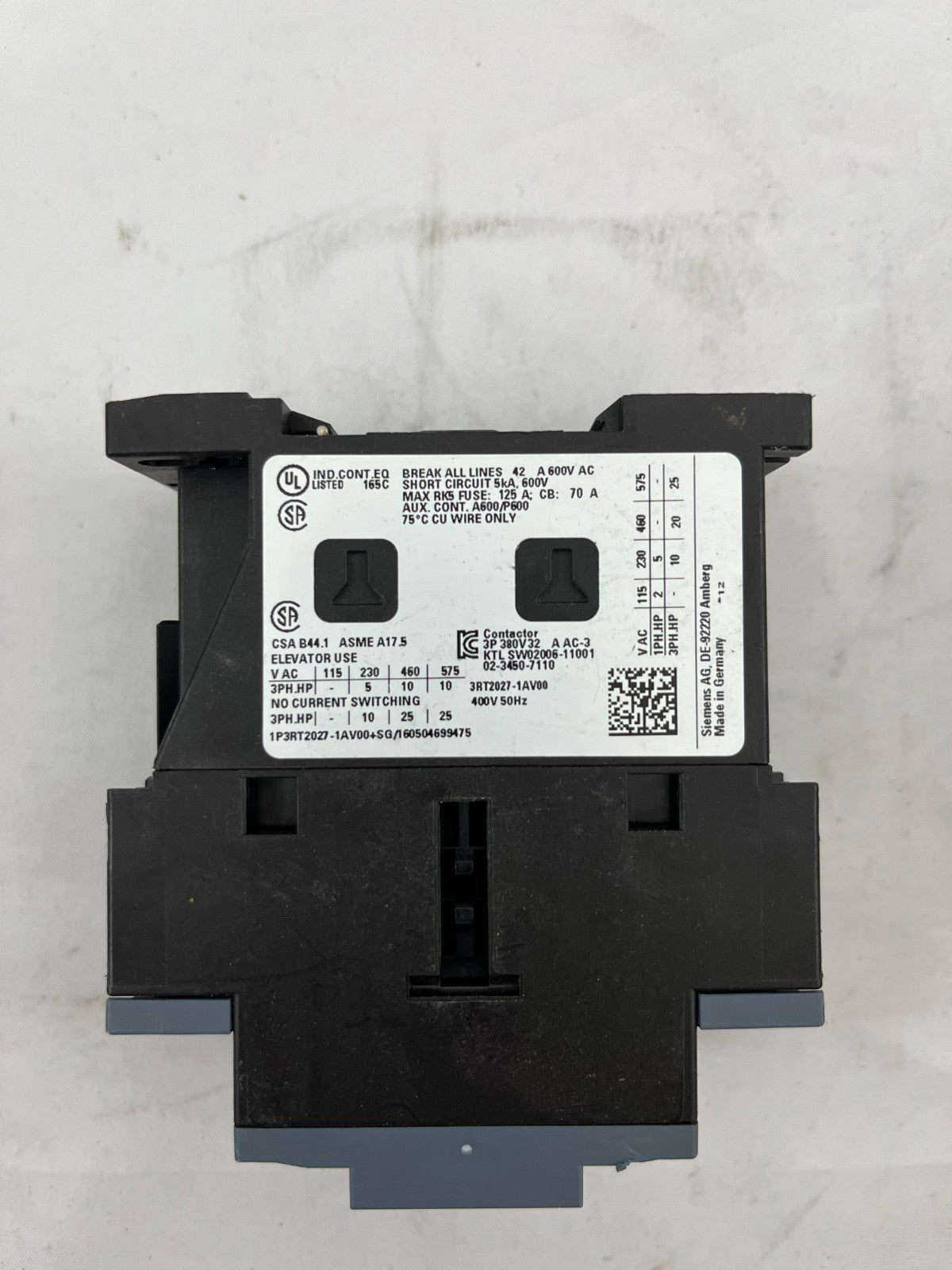 Siemens SIRIUS 3RT2027-1AV00 Contactor, 3-Pole, 32A, 400V 50Hz, Elevator Motor