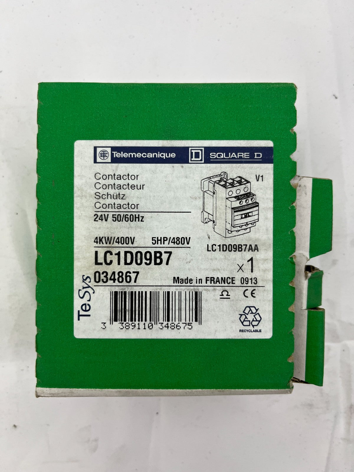 Telemecanique LC1D09B7 Contactor 24V AC Coil, 3P, 9A, 4kW/400V, New in Box