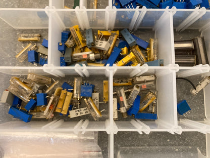 Assorted Trimmer Potentiometers and Switches Lot in Clear Plastic Storage Box