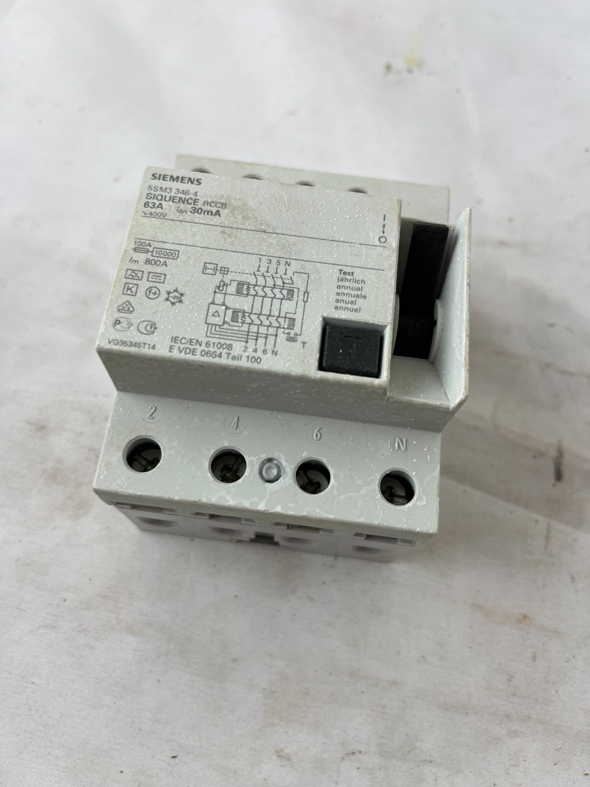 Siemens 5SM3346-4 RCCB Residual Current Circuit Breaker 63A 30mA 4 Pole Used