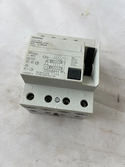 Siemens 5SM3346-4 RCCB Residual Current Circuit Breaker 63A 30mA 4 Pole Used