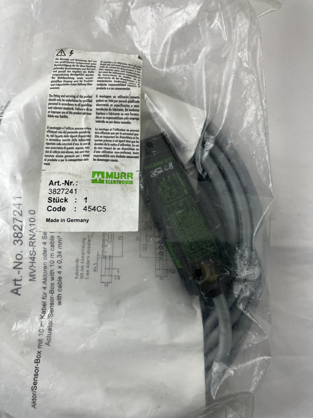Murr Elektronik 3827241 Passive Distribution Box 4xM8 3-Pole 10m Cable MVH4S-RNA