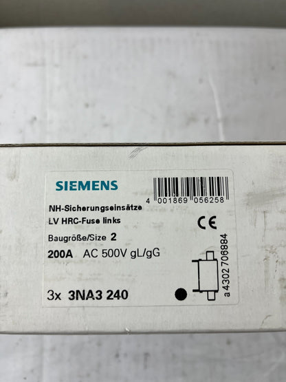 Siemens 3NA3 240 NH2 200A 500V gG LV HRC Fuse Links Box of 3 New Spare