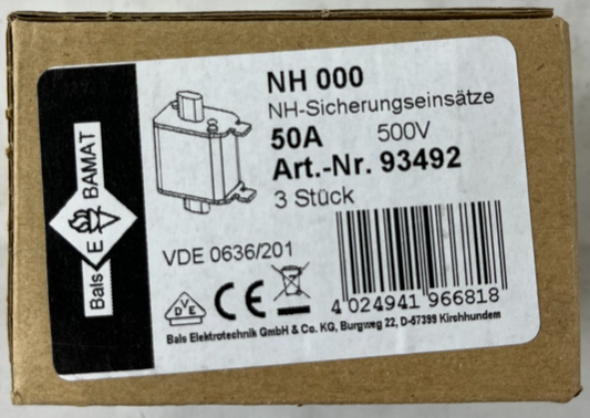 Bals NH000 Fuse 50A 500V gG NH Fuse Link Art 93492 3pcs New in Box