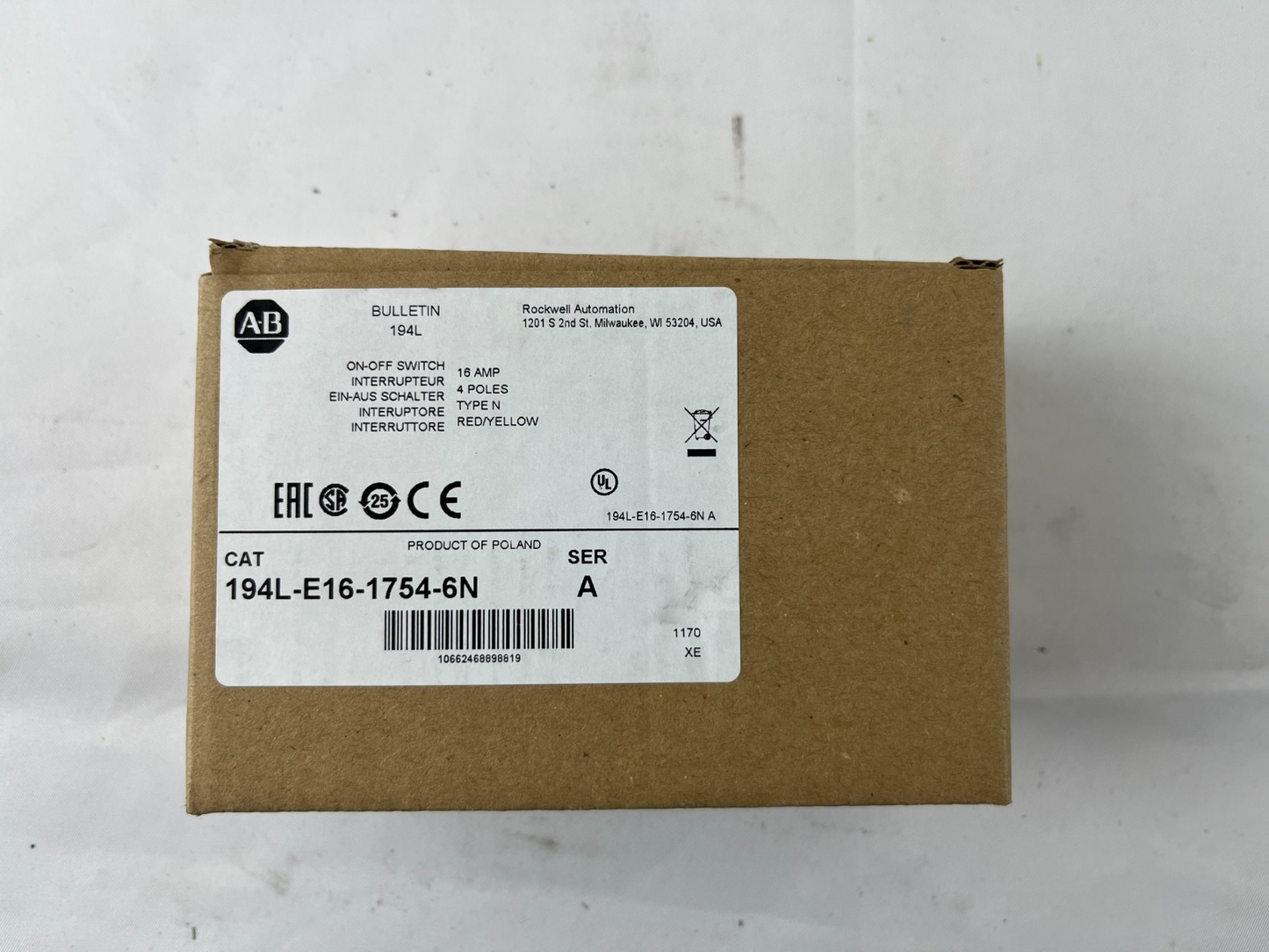 Allen Bradley 194L-E16-1754-6N Load Switch 4-Pole 16A Emergency Switch NEW