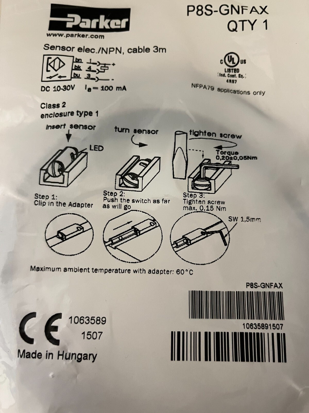 Parker P8S-GNFAX Electronic Sensor NPN 3M Cable – New Sealed in Package