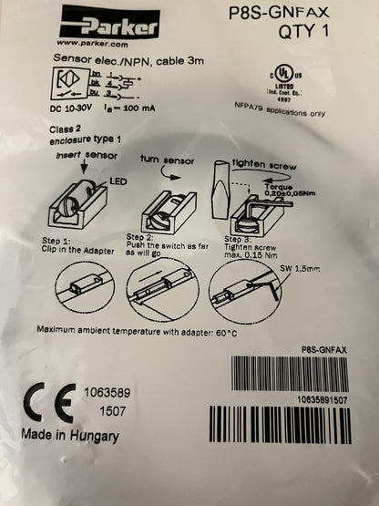 Parker P8S-GNFAX Electronic Sensor NPN 3M Cable – New Sealed in Package