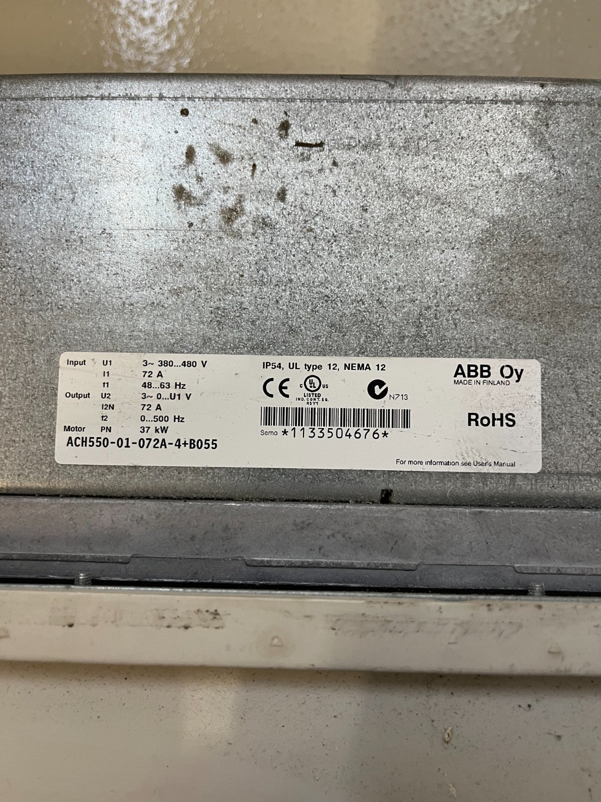 ABB ACH550-01-072A-4+B055 37kW 72A 380-480V HVAC AC Drive IP54 Used Spare Unit
