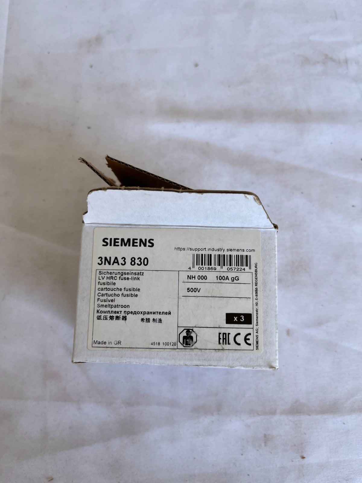 Siemens 3NA3 830 NH000 Fuse Link 100A gG 500V New 3 Pcs Spare Units