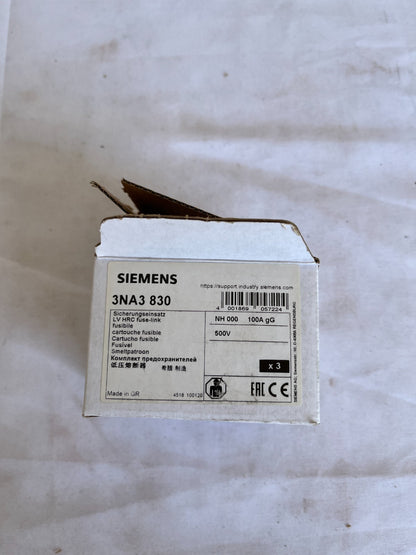 Siemens 3NA3 830 NH000 Fuse Link 100A gG 500V New 3 Pcs Spare Units