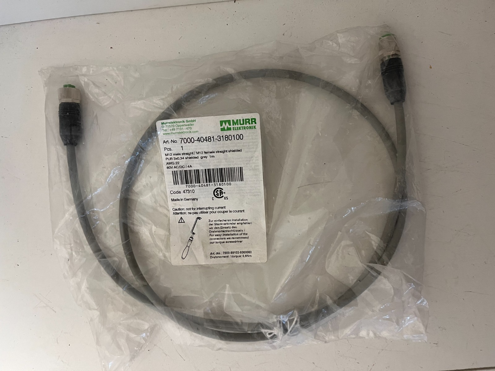 Murrelektronik 7000-40481-3180100 M12 Shielded Cable 1m Male/Female New