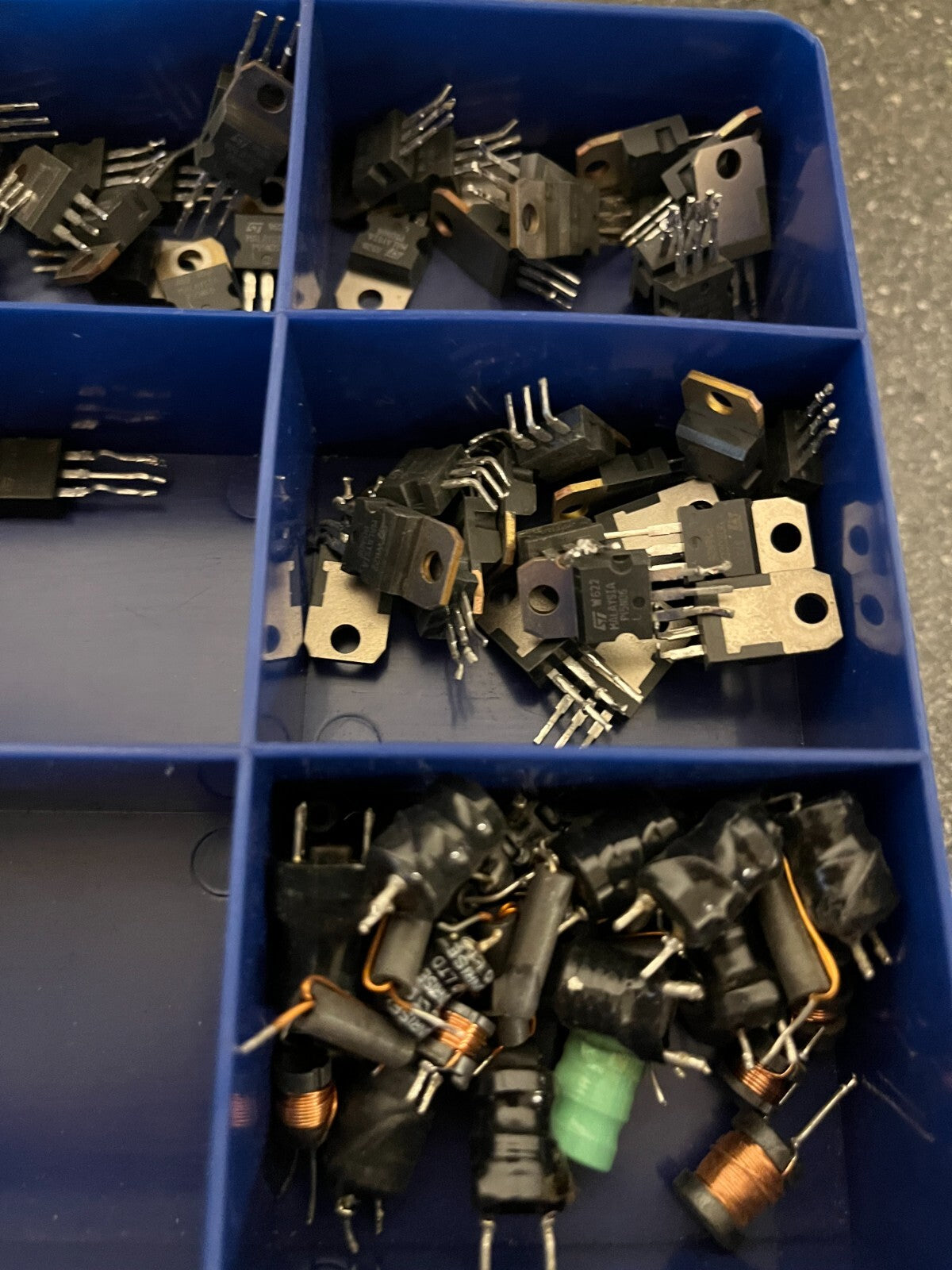 Double-Sided Organizer Box with Assorted Capacitors, IC Chips, and Electronics