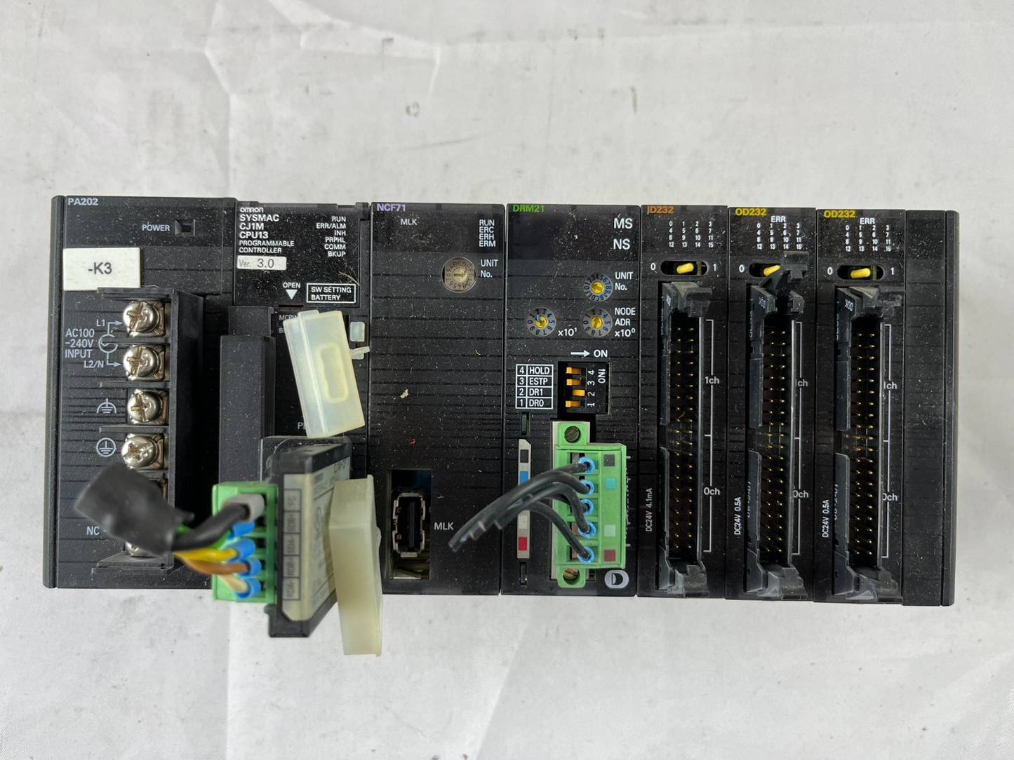 Omron CJ1M-CPU13 PLC System w/ PA202 PSU, NCF71, DRM21, ID232 & (2x) OD232 I/O