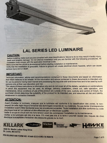 Killark LALFP630L3D 45W LED Hazardous Location Luminaire, 120-277V, IP66 NEW