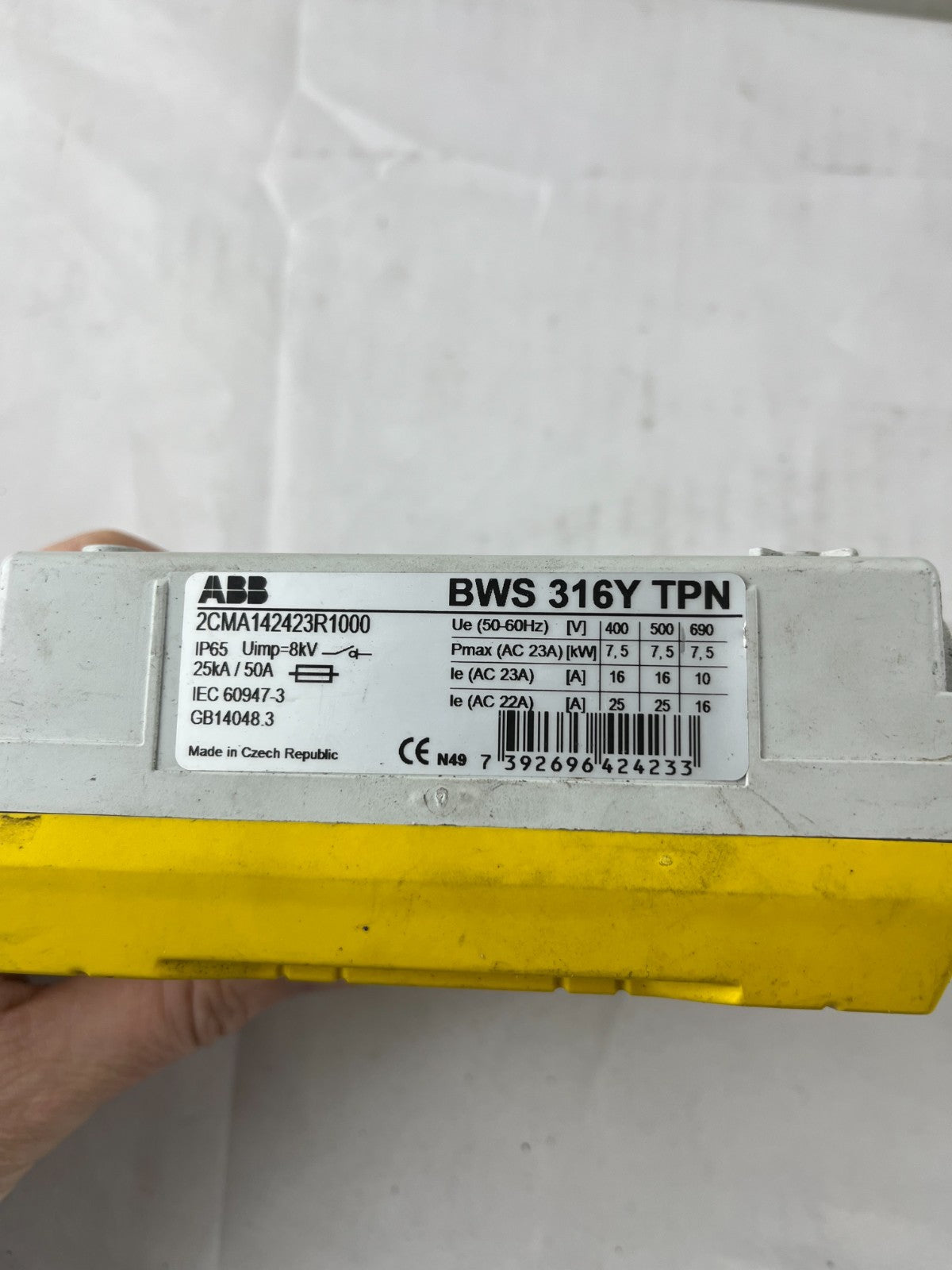 ABB BWS 316Y TPN USED Safety Switch Isolator 16A 3-Pole IP65 Yellow