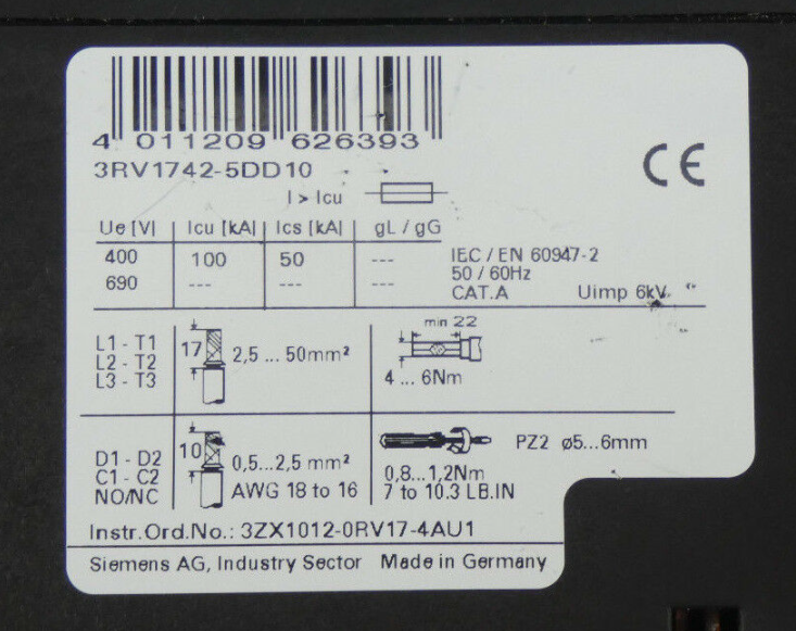 SIEMENS SIRIUS 3RV1742-5DD10 Power Switch | Type H3RV1742