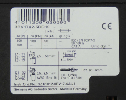 SIEMENS SIRIUS 3RV1742-5DD10 Power Switch | Type H3RV1742