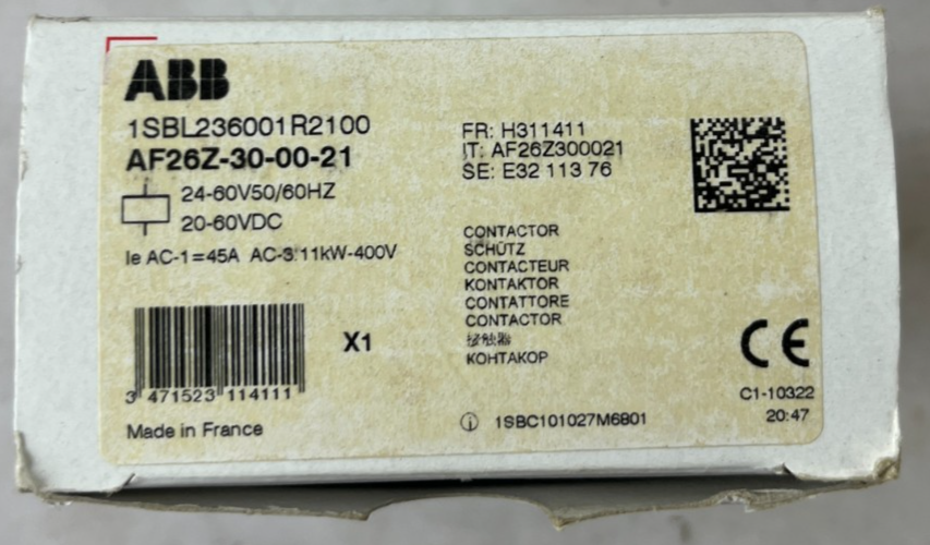 ABB AF26Z-30-00-21 Contactor 26A 11kW 3-Pole 24–60V AC/DC Coil New In Box