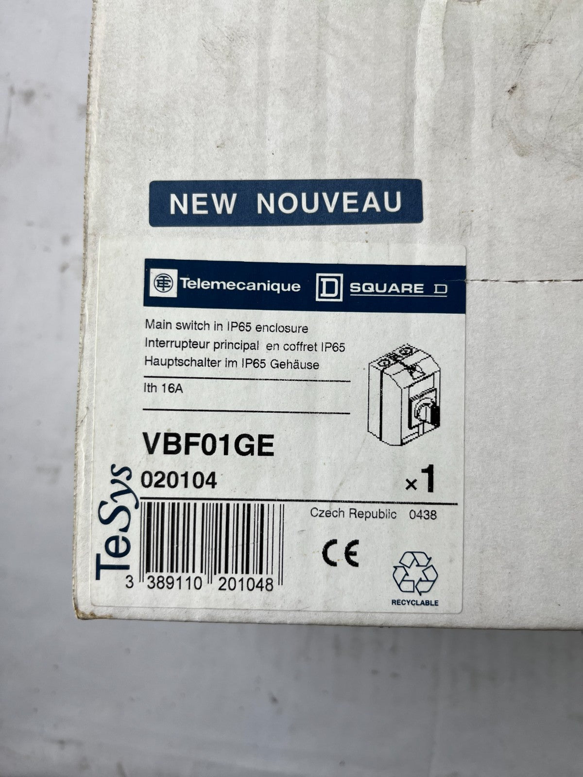 Telemecanique VBF01GE Main Switch 16A IP65 Enclosure TeSys New Unit