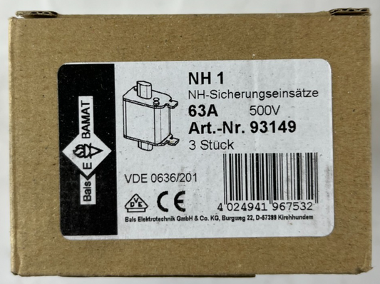 3x Bals E‑BAMAT NH1 Fuse Inserts 63A 500V gG ETI NH1C NV1C 120kA NOS Slovenia