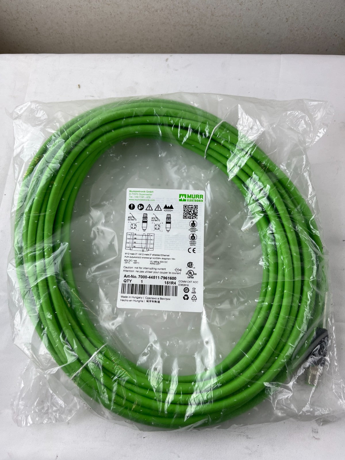 Murr 7000-44511-7961600 M12 Ethernet Cable 16m Shielded Dragchain UL CSA NEW