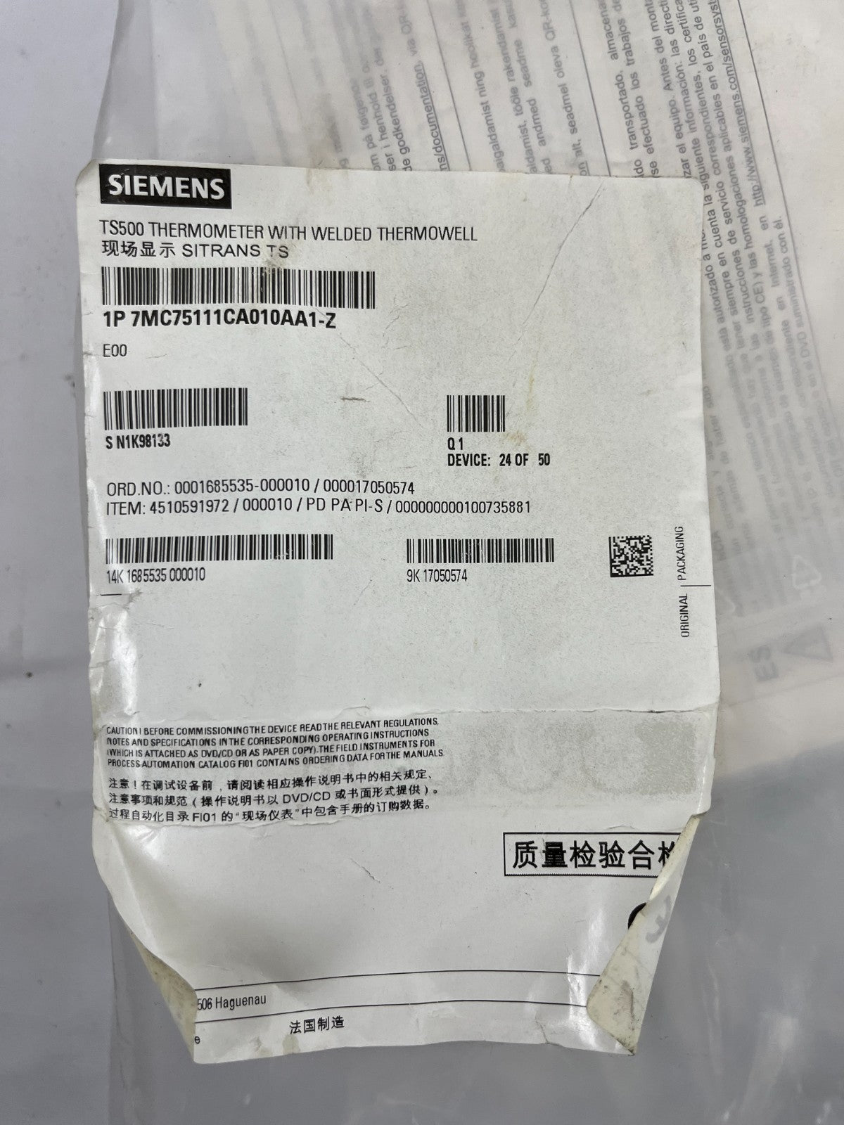 Siemens SITRANS TS500 Thermometer w/ Welded Thermowell 7MC75111CA010AA1-Z, New