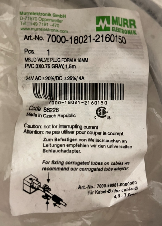 Murr Elektronik 7000-18021-2160150 MSUD Valve Plug Form A 18mm, 1.5m Cable, NEW