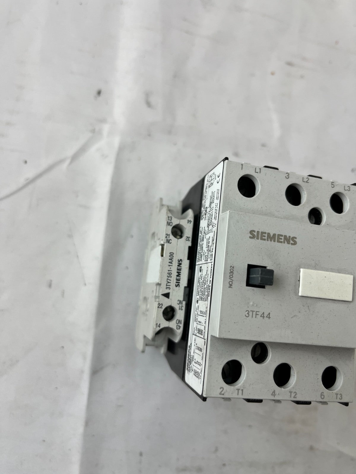 Siemens 3TF44 Contactor 3P w/ 3TY7561-1AA00 Aux Contact Block Used Spare Unit