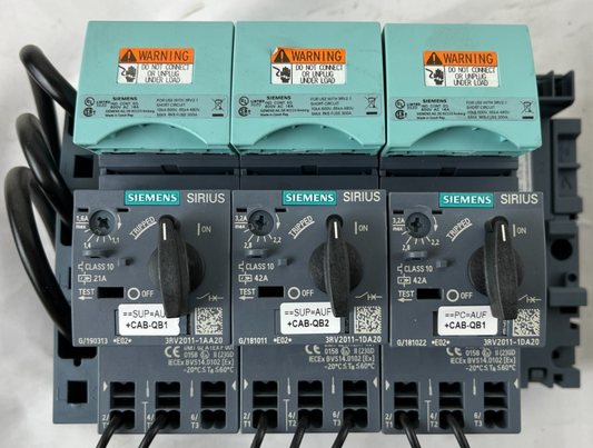 Siemens Sirius 3RV2011 Motor Starter Lot 3x MPCB 1.1-3.2A w Base Modules Used