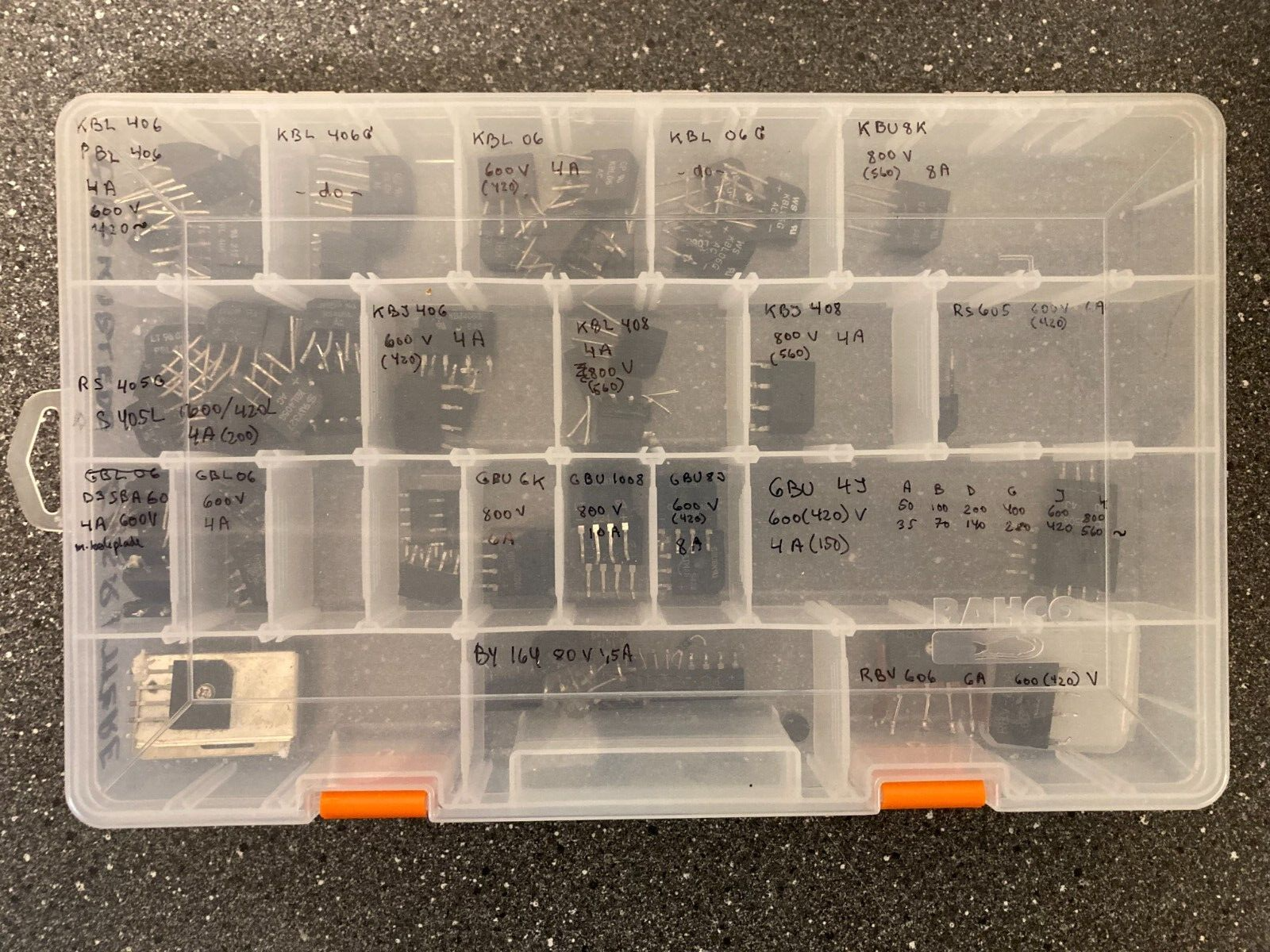 Lot of Assorted Bridge Rectifiers in Storage Case Various Models Specifications
