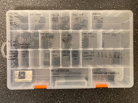 Lot of Assorted Bridge Rectifiers in Storage Case Various Models Specifications