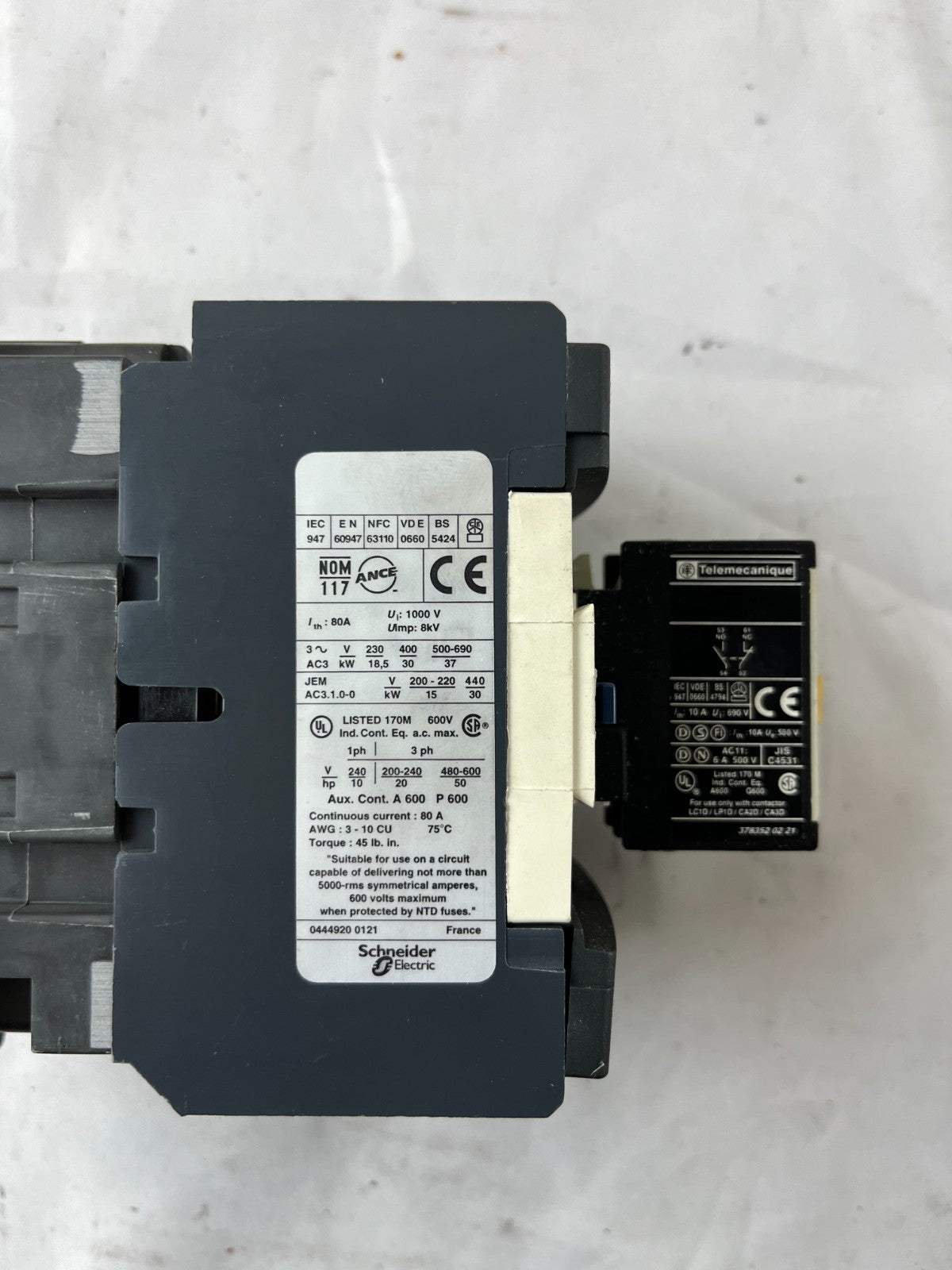 Telemecanique LC1 D65 Contactor 80A 1000V 3P w/ LA1 DN11 Aux Block Used Spare