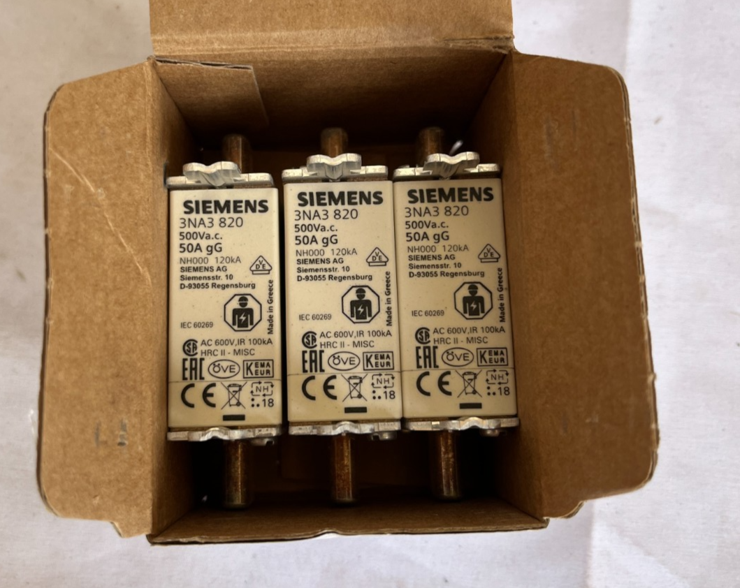 Siemens 3NA3 820 NH000 Fuse Link 50A gG 500V New 3 Pcs Spare Parts