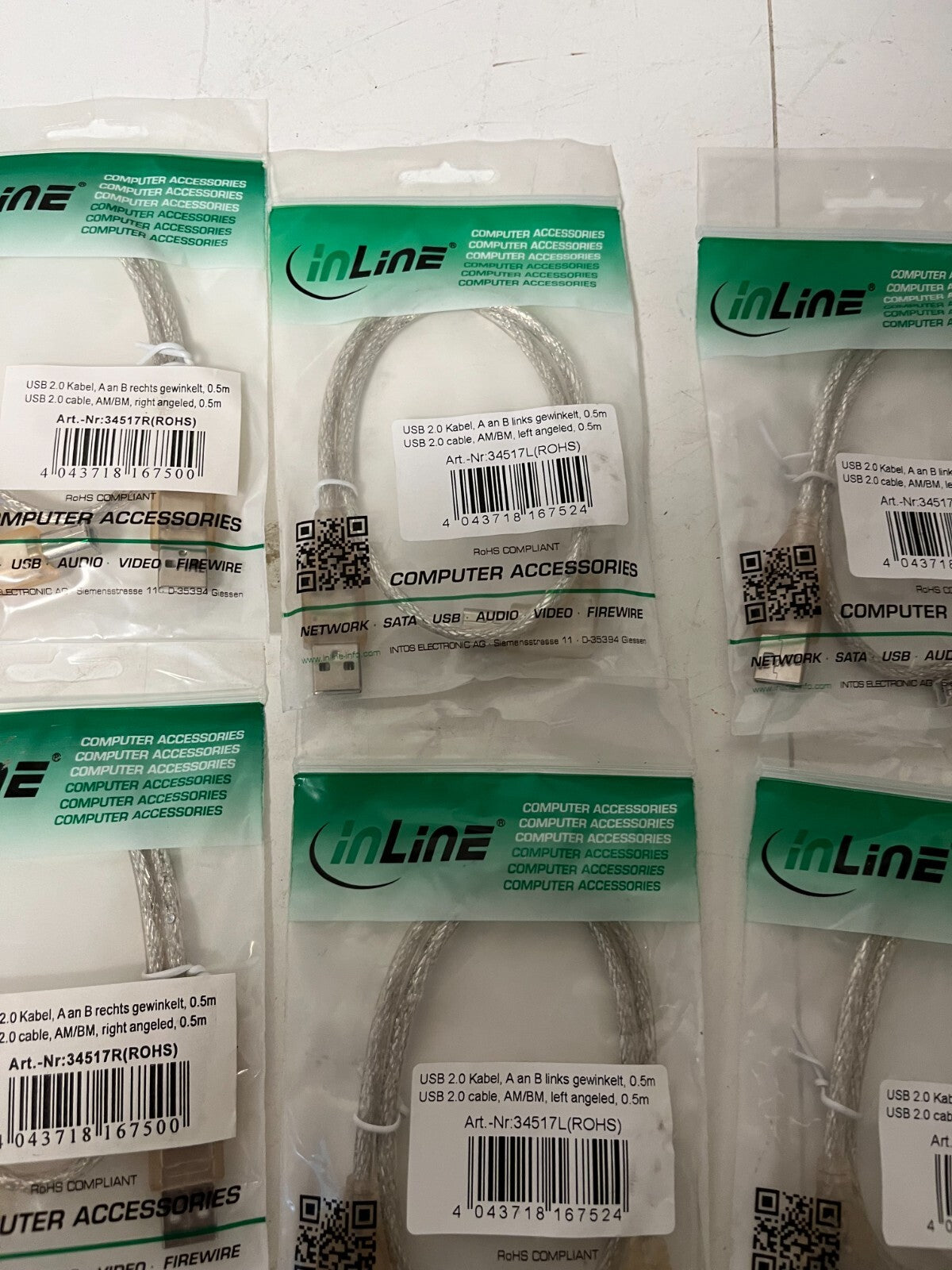 Lot of 7x InLine USB 2.0 AM to BM Angled Cable 0.5m Left/Right New Sealed