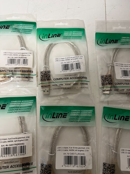Lot of 7x InLine USB 2.0 AM to BM Angled Cable 0.5m Left/Right New Sealed