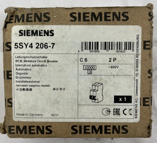Siemens 5SY4 206-7 MCB Miniature Circuit Breaker 2P 6A C-Curve 400V New Germany