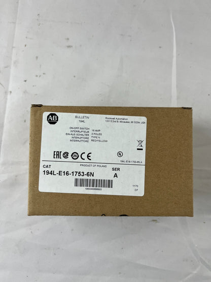 Allen‑Bradley 194L‑E16‑1753‑6N Load Switch 16 A 3‑Pole Red/Yellow Handle New