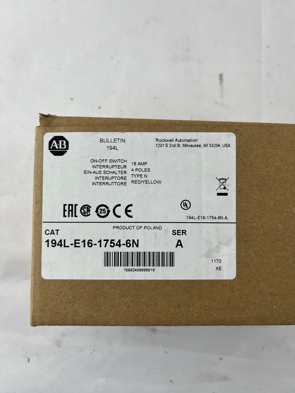 Allen Bradley 194L-E16-1754-6N Load Switch 4-Pole 16A Emergency Switch NEW