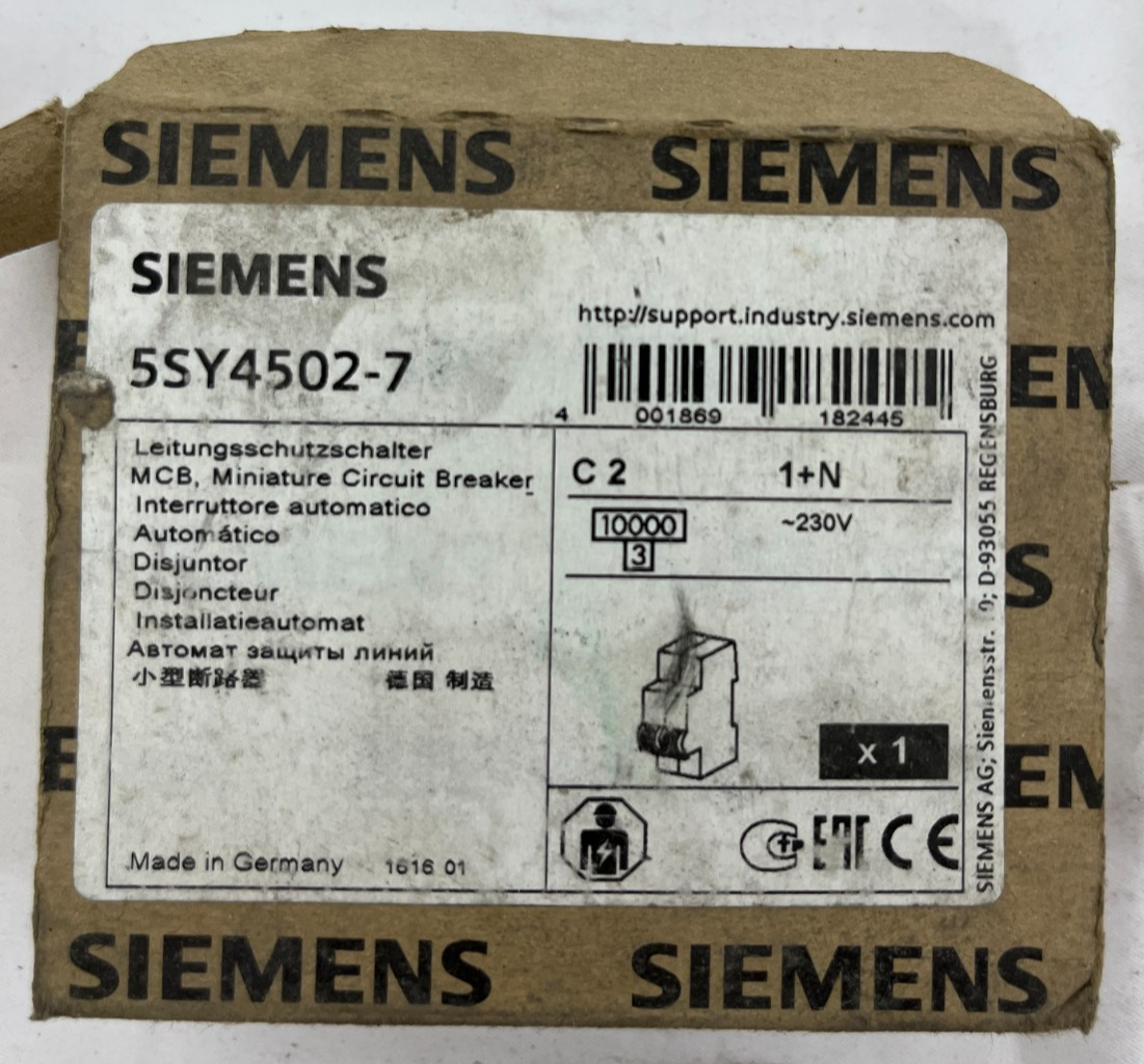 Siemens 5SY4502-7 MCB Miniature Circuit Breaker 1+N 2A C-Curve 230 Germany