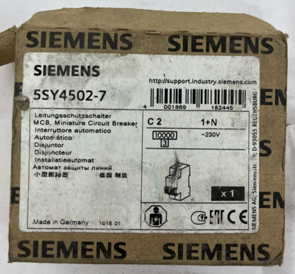 Siemens 5SY4502-7 MCB Miniature Circuit Breaker 1+N 2A C-Curve 230 Germany