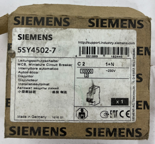 Siemens 5SY4502-7 MCB Miniature Circuit Breaker 1+N 2A C-Curve 230 Germany