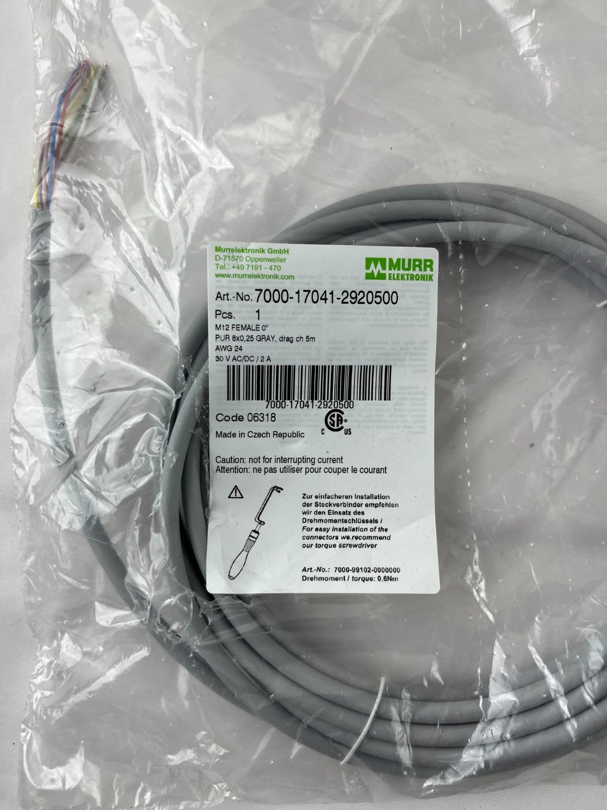 Murr Elektronik 7000-17041-2920500 M12 Female Connector Cable 8-Pin 5m PUR AWG24