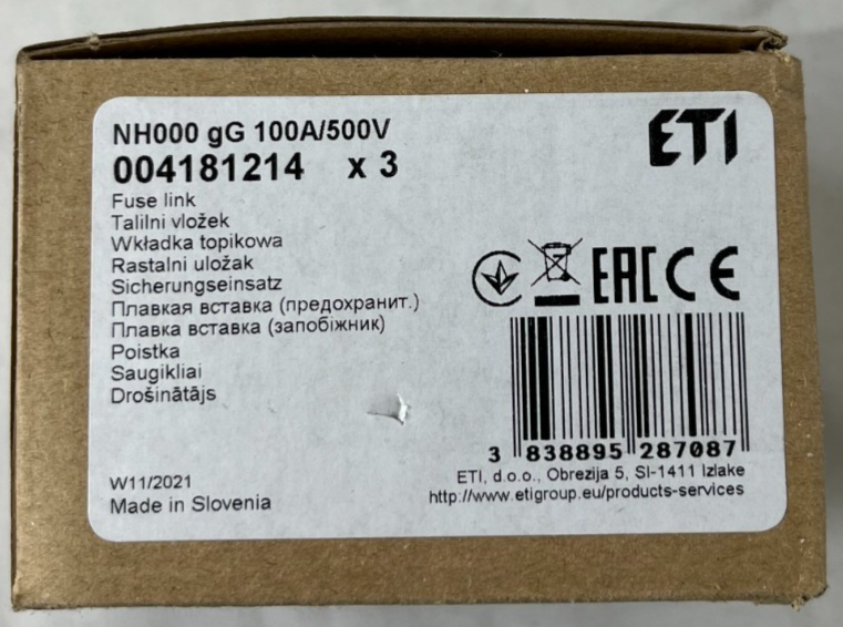 ETI NH000 Fuse Link 100A 500V gG NH Fuse 004181214 3pcs New in Box