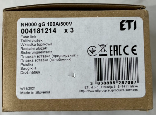 ETI NH000 Fuse Link 100A 500V gG NH Fuse 004181214 3pcs New in Box