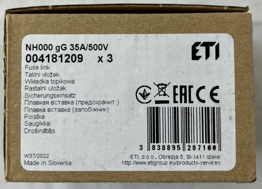 ETI NH000 Fuse Link 35A 500V gG NH Fuse 004181209 3pcs New in Box
