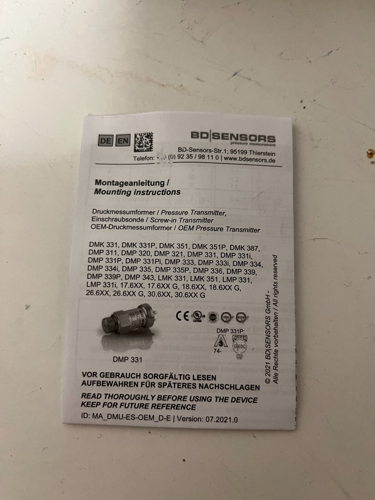 BD Sensors DMK 331 Pressure Transmitter 1...0 Bar 4-20mA 8-32VDC New Open Box